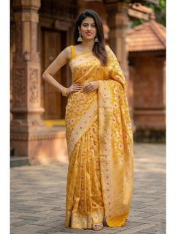 Anjaneya Sarees - Yellow Designer Banarasi Silk Woven Saree with Unstitched Blouse