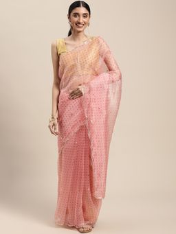 Vastranand - Free Hand Flower Printed Organza Party Wear Saree With Mirror Work with Unstitched Blouse