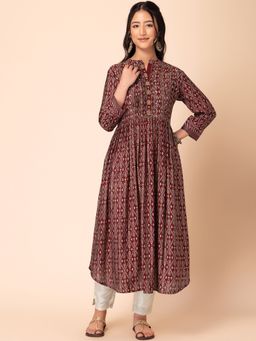 Indya - Maroon Printed Embroidered Chanderi Kurta