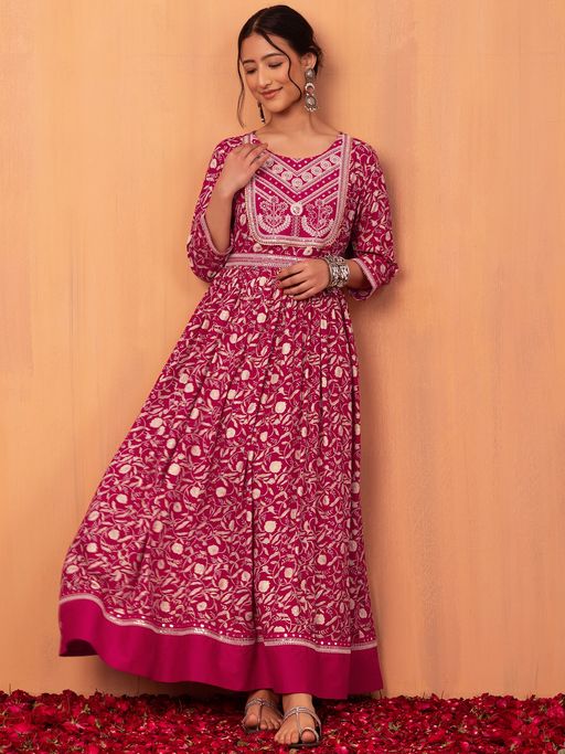 Buy Indya Pink Floral Print Embroidered Maxi Dress With Belt (set Of 2)  (Set of 2) Online