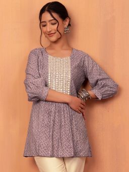Indya - Grey Striped Mirror Embroidered Muslin Short Kurti