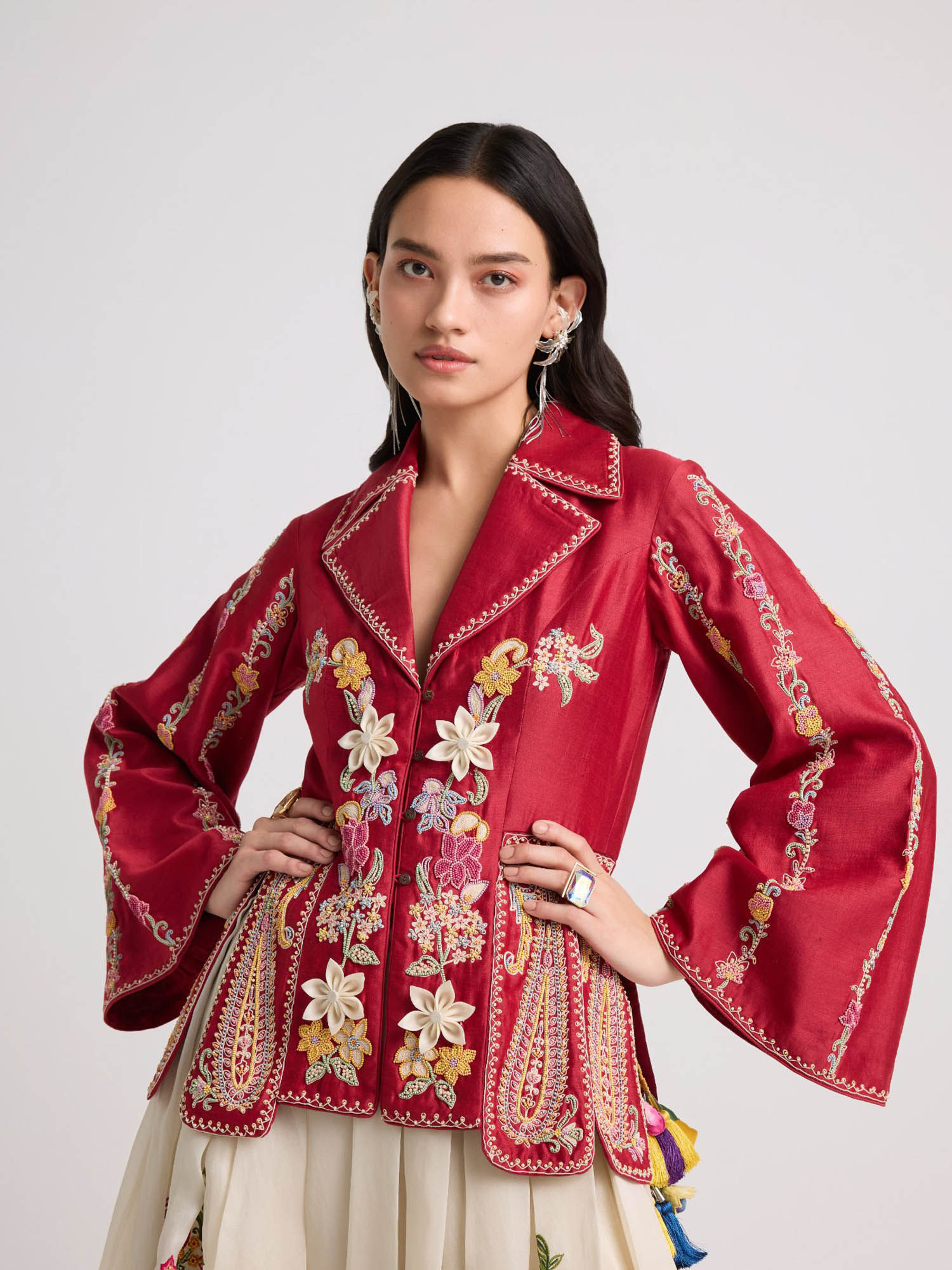 chandrima Red Contrast Cordwork and Beadwork Panelled Jacket-picture-25