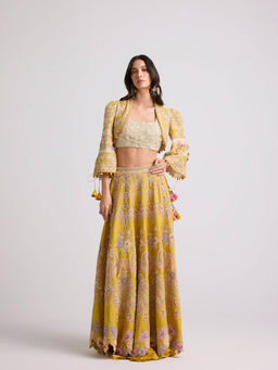 CHANDRIMA - Yellow Contrast Cordwork and Beadwork Bolero Jacket