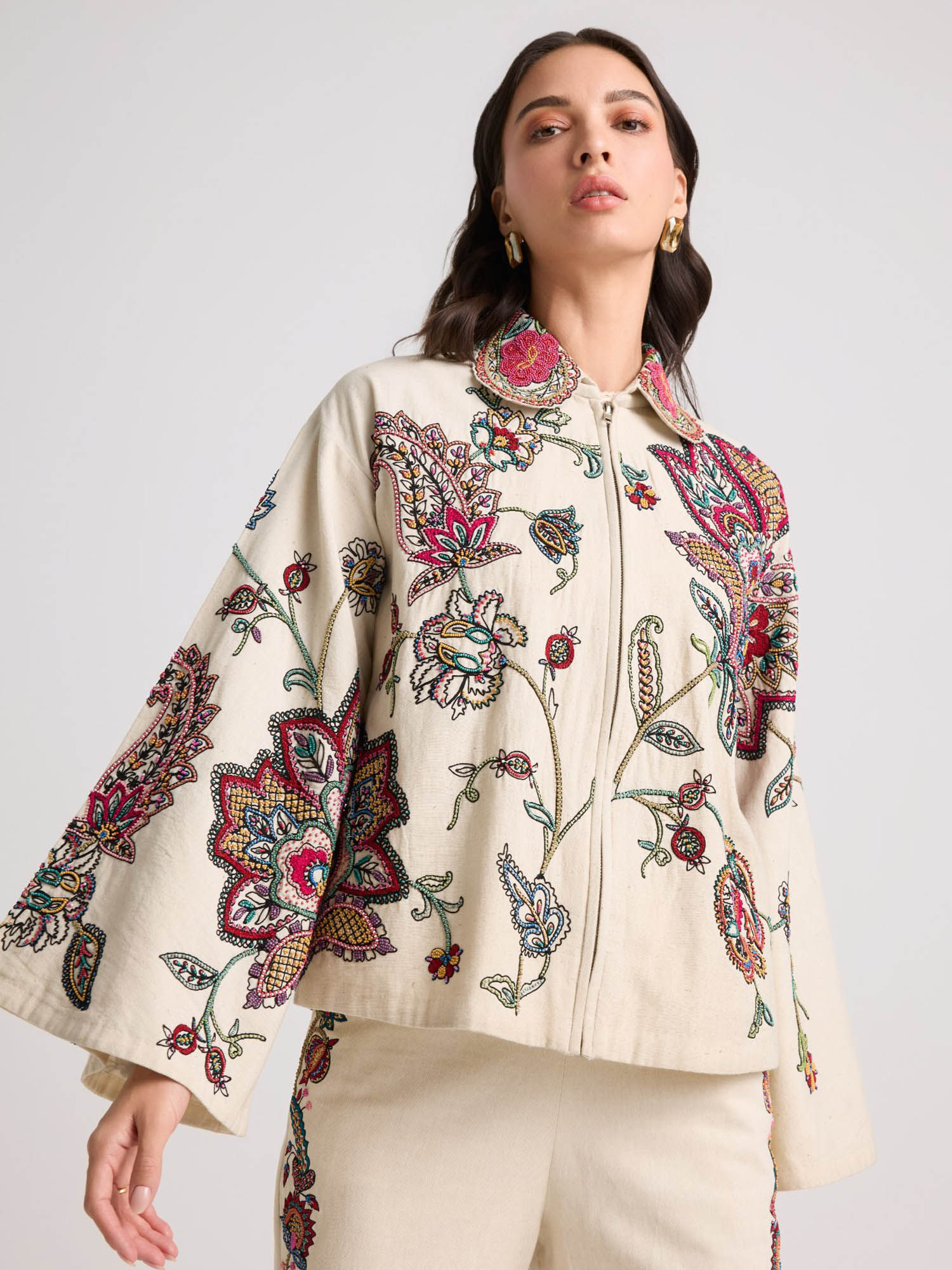 Ivory Contrast Floral Cordwork Short Jacket-image-41