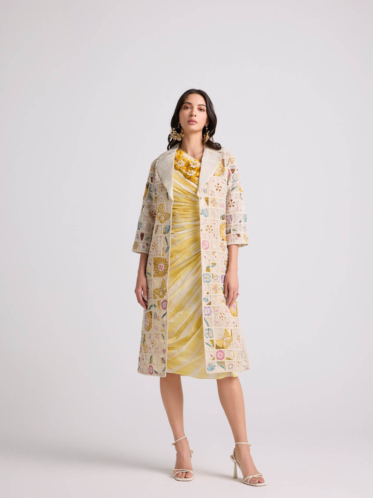 chandrima Ivory Floral Checkered Long Jacket-picture-44