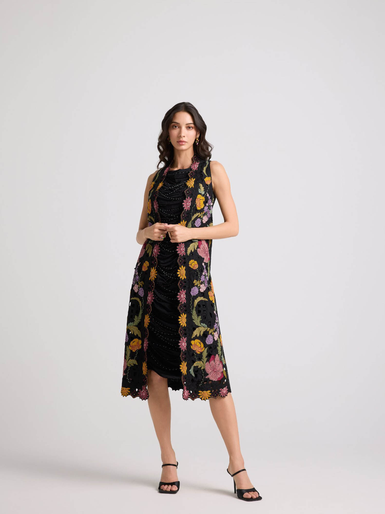 chandrima Black Floral Threadwork and Beadwork Long Jacket-picture-18