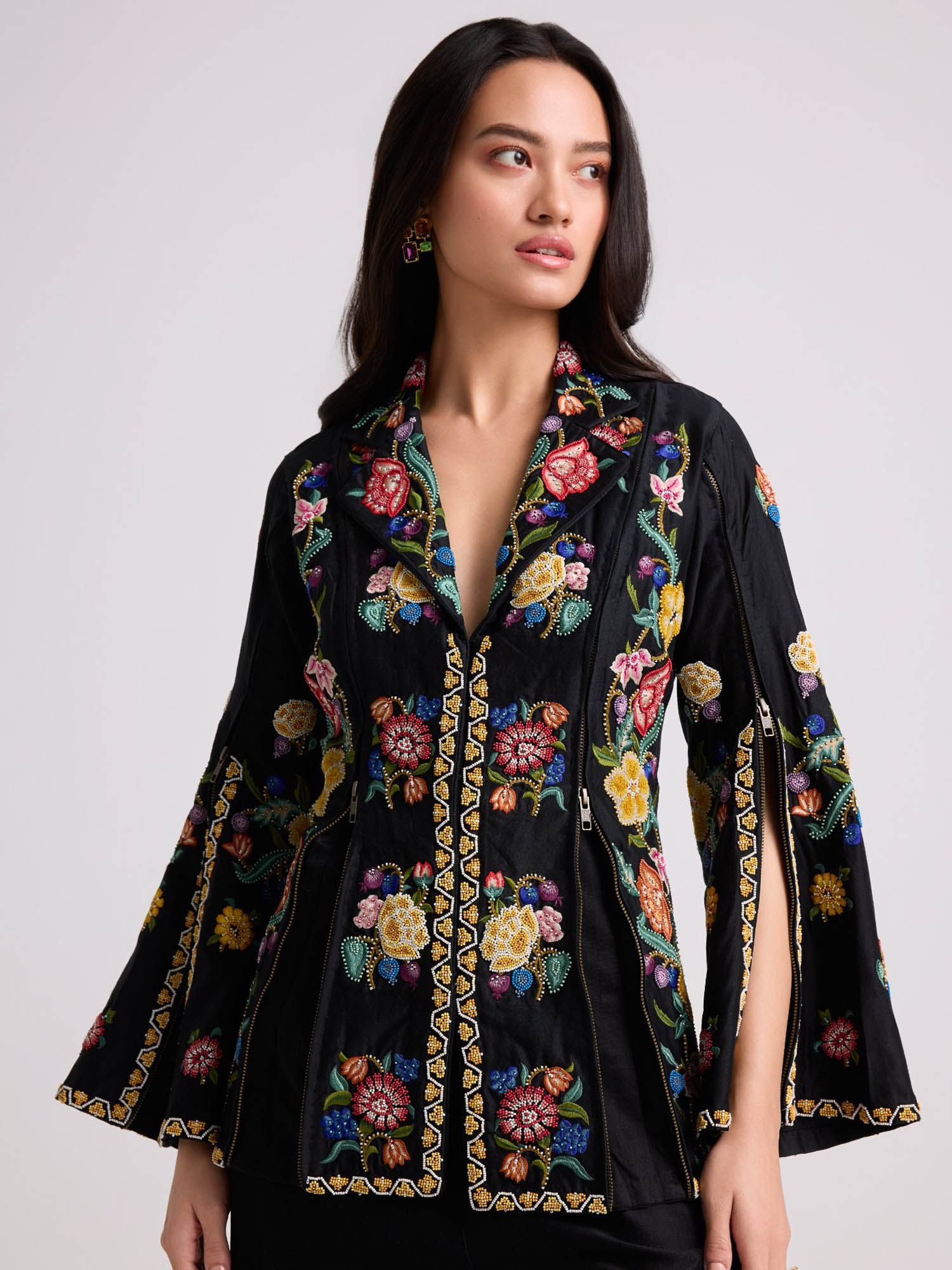 chandrima Black Floral Zipper Detail Jacket-picture-10