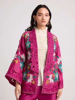 CHANDRIMA - Fuchsia Pink Applique and Beadwork Flared Jacket