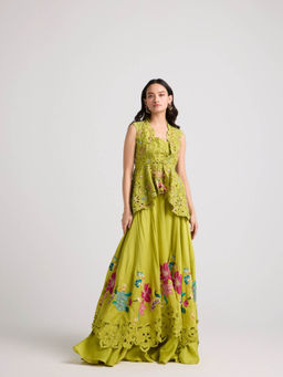 CHANDRIMA - Lime Green Floral Applique Layered Skirt
