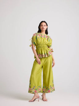 CHANDRIMA - Lime Green Floral Cutwork Pants