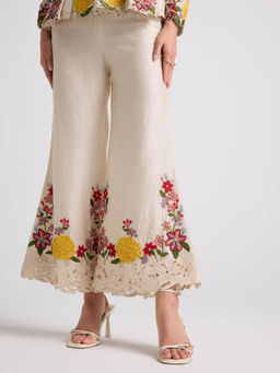 CHANDRIMA - Ivory Floral Threadwork Bell Bottom Pants