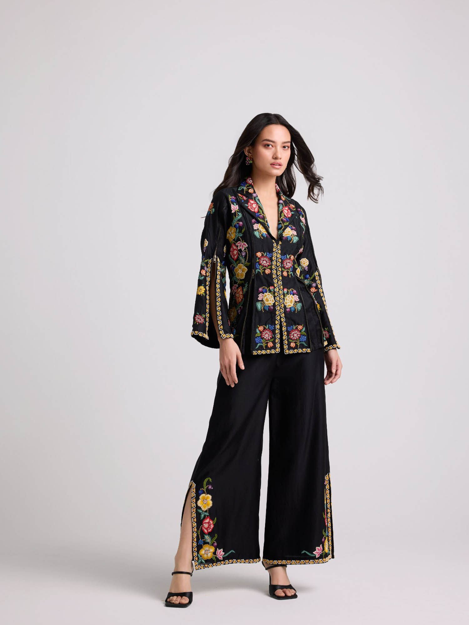 chandrima Black Floral Embroidered Flared Pants-picture-32