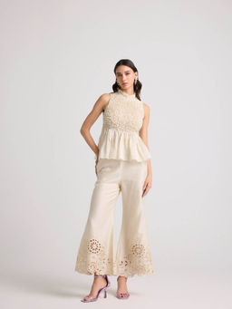 CHANDRIMA - Ivory Floral Cutwork Bell Bottom Pant
