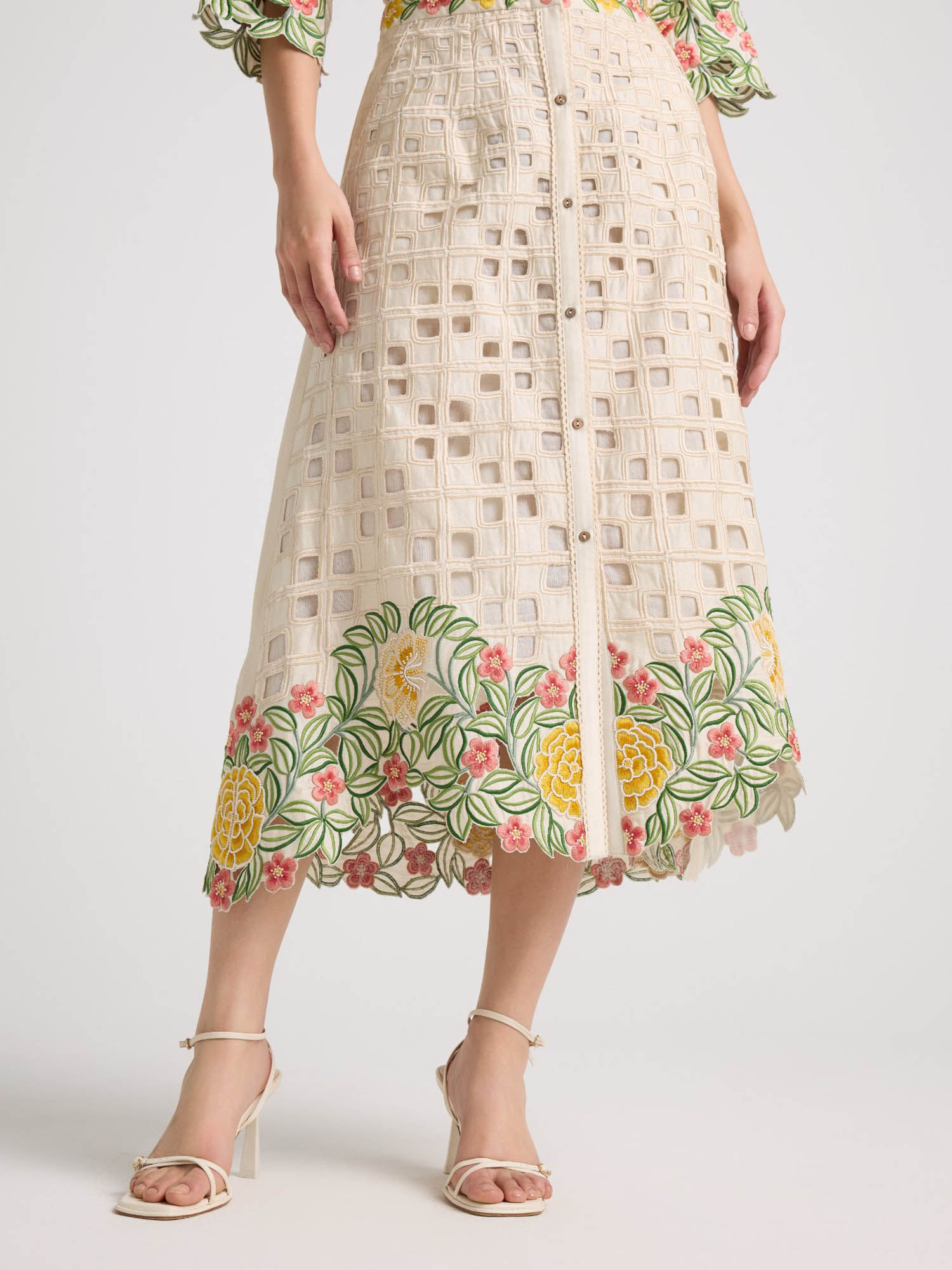 chandrima Ivory Floral Checkered Cutwork Button-Down Skirt-picture-26