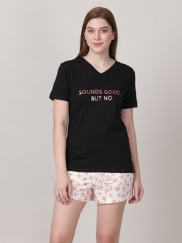 mackly - Womens Nightsuit Shorts Set - Black, White, Orange