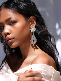 Indya - Dual Tone White Multi Shape Mandala Dangler Earrings