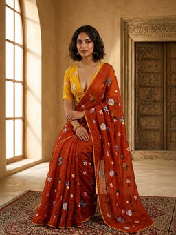 HANDME - Festive Bloom Embroidered Chanderi Mul Saree with Unstitched Blouse