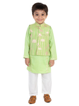 Tiny Pants - Parrot Green Golden Lotus Nehru Jacket With Kurta (Set of 3)