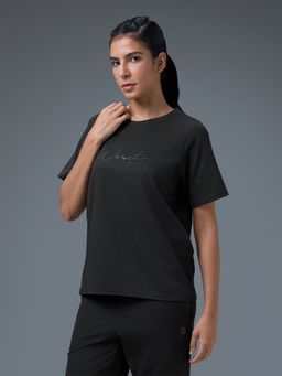 Technosport - Women Printed Relaxed Fit Round Neck Black Sport T-Shirt