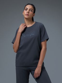 Technosport - Women Printed Relaxed Fit Round Neck Grey Sport T-Shirt