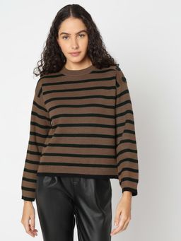 VERO MODA - Brown Striped Round Neck Sweater