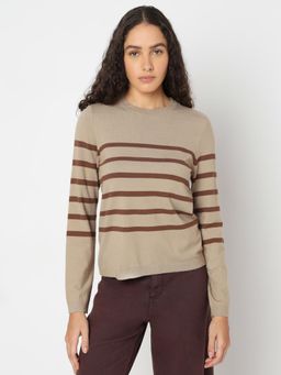 VERO MODA - Beige Striped Flat Knit Sweater