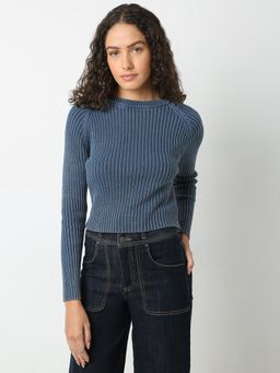 VERO MODA - Navy Blue Solid Round Neck Sweater