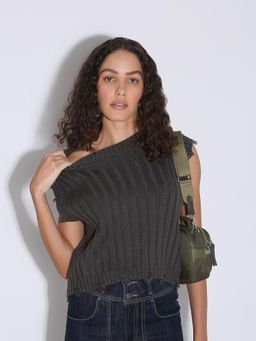 VERO MODA - Dark Grey Self Design Knitted Sleeveless Sweater