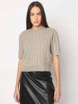 VERO MODA - Beige Self Design Polyester Sweater