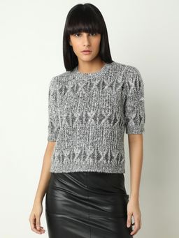 VERO MODA - Grey Self Design Knit Sweater