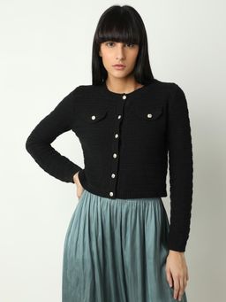VERO MODA - Black Self Design Buttoned Cardigan