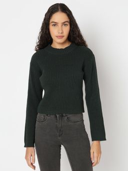 VERO MODA - Green Solid Ribbed Knitted Sweater