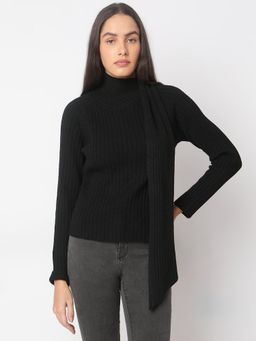 VERO MODA - Black Solid Ribbed Wrap High Neck Sweater