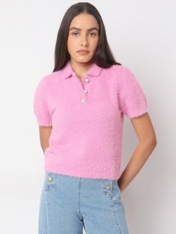 VERO MODA - Pink Solid Polo Neck Sweater