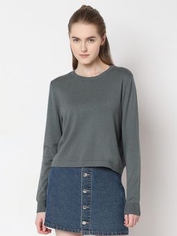VERO MODA - Dark Green Solid Round Neck Sweater