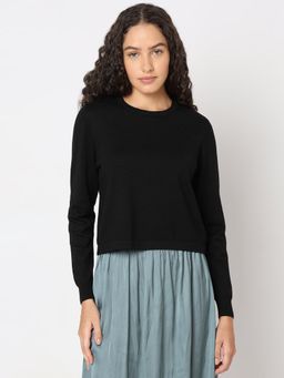 VERO MODA - Black Solid Round Neck Sweater