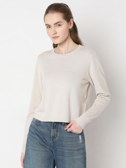 VERO MODA - Off White Solid Round Neck Sweater