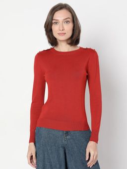 VERO MODA - Red Solid Long Sleeves Knit Sweater