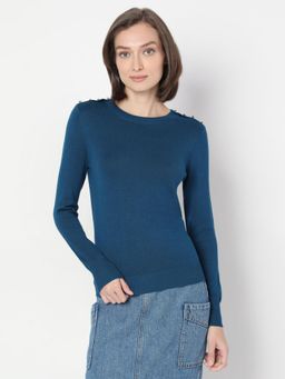 VERO MODA - Navy Blue Solid Long Sleeves Knit Sweater