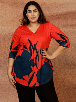 Amydus - Plus Size Red Teal Floral Print Top