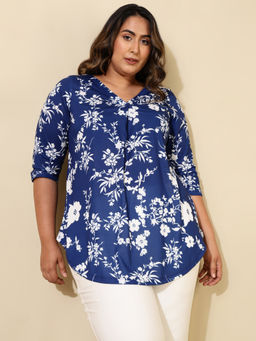 Amydus - Plus Size Navy Blue Floral Print Centre Pleat Top