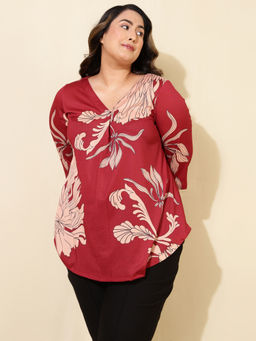 Amydus - Plus Size Maroon White Tropical Print Centre Pleat Top