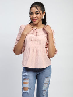 Global Republic - Cotton Dobby Embroidered Round Neck Pink Top