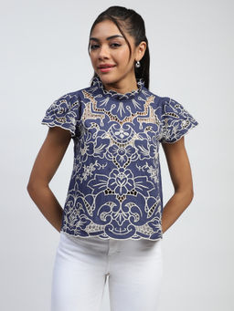 Global Republic - Cotton Navy Blue Embroidered High Neck Top