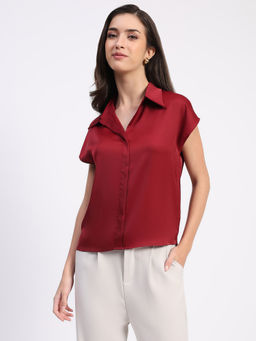 Global Republic - Maroon Satin Solid Collar Neck Top
