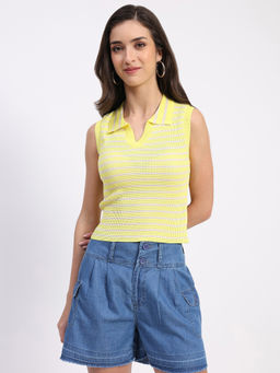 Global Republic - Viscose Yellow Striped Collar Neck Top