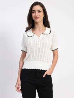 Global Republic - White Acrylic Blend Self Design Peter Pan Collar Top