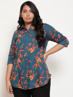Amydus - Plus Size Teal Red Floral Centre Pleat Top