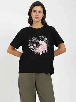 Global Republic - Black Cotton Embroidered Round Neck T-Shirt