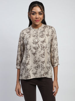 Global Republic - Cotton Beige Blend Butterfly Print Mandarin Collar Top